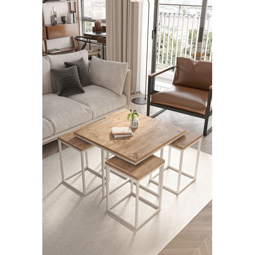 Table Basse Gigogne Bois Et Metal Blanc - Lot 4 Pieces Design Moderne Salon