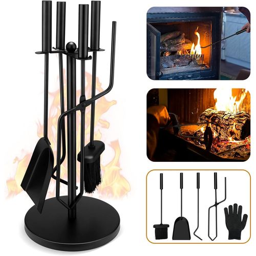Serviteur Cheminée, 5 Pièces Serviteur Poele a Bois Accessoire, Ensemble Outils de Cheminee avec Pelle/Tisonnier/Pince/Balai/Support, Noir Moderne