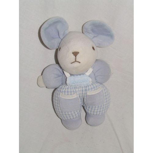 Souris Nounours Bleu Carreaux Vichy Grelot 20 Cm