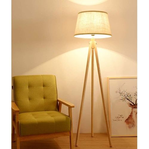 Lampadaire Led Scandinave En Bois Avec Interrupteur À Pied, 3000 K Blanc Chaud, Avec Ampoule E27 Et Abat-Jour En Lin, Lampadaire Classique Pour Salon, Chambre À Coucher, Côté Du Lit, Bureau