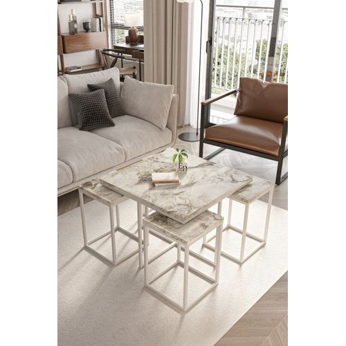 Table Basse Gigogne Effet Marbre Blanc Et Metal - Lot 4 Pieces Design Salon