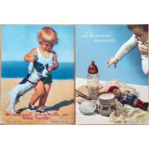 Lot 2 Affiches Publicité Ancienne Couleur Années 30 : Bébés Nestlé (Vintage French Advertising)