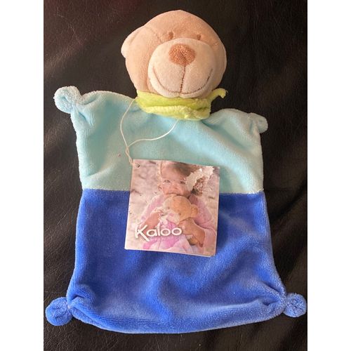 Doudou Plat Ours Beige Crème Bleu Clair Et Bleu Marine - Foulard Vert - Nouette - Nicotoy