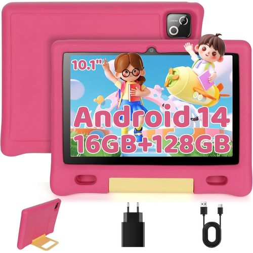 Tablette Enfants 10 Pouces Octa Core avec 16 Go + 128 Go + 1 To TF, Ecran HD 1280x800 IPS, Widevine L1, 5000 mAh, Wi-FI 6, BT 5.3, Preinstalle KIDOZ (Rose)