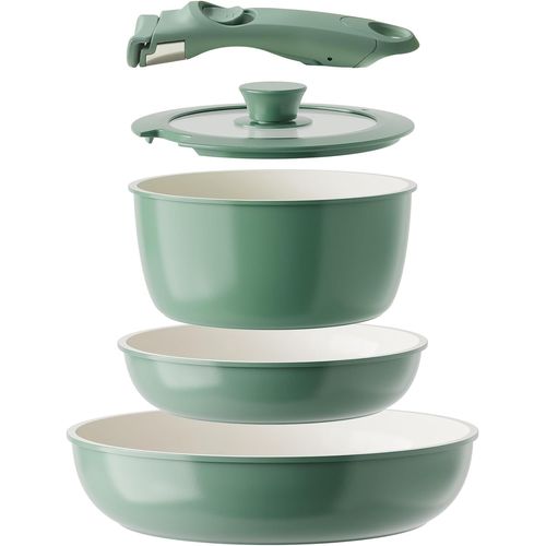 Batterie De Cuisine 5pcs, Lot Casseroles Et Poêles Induction, Poêles En Céramique Revêtement Antiadhésif Avec Poignée Amovible, Sans Ptfe - Sans Pfoa Sans Pfas Cuisson Saine Sûre