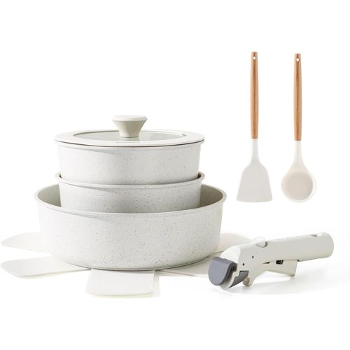 Batterie De Cuisine 9pcs, Lot De Casseroles Et Poêles Induction Avec Couvercle, Poignées Amovibles, Revêtement Antiadhésif, Empilable, Compatible Lave-Vaisselle,Sans Pfoa