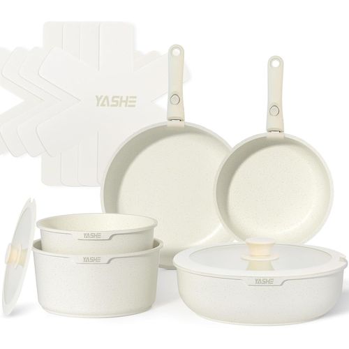 Batterie De Cuisine 13pcs, Batterie Cuisine Avec Couvercle Empilable, Lot Casserole Et Poele Induction, Poignée Amovible, Passe Au Four, Revêtement Antiadhésif, Crème, Blanc