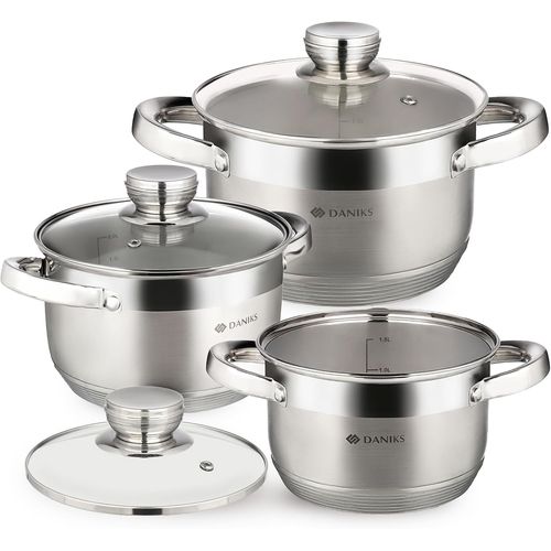 Standard Batterie De Cuisine Inox Avec Couvercles En Verre, 6 Pièces, Casseroles 16/18/20 Cm, Tous Feux Dont Induction, Échelle De Mesure