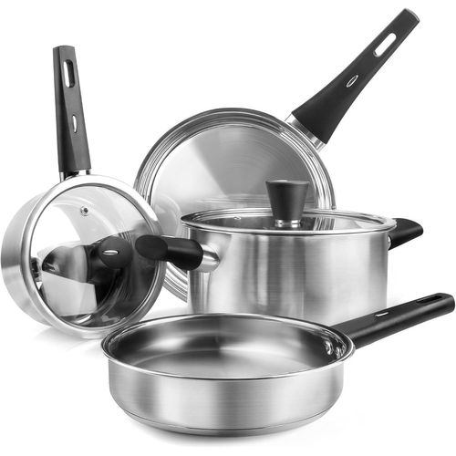 Batterie De Cuisine 6 Pièces, Sets De Poêles Et Casseroles Induction, Casseroles, Poêles Et Faitouts Inox Avec Couvercles En Verre - Tous Feux Dont Induction, Sans Pfoa, Lavable Au Lave-Vaisselle