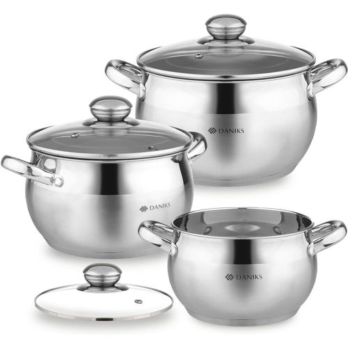 Classic Batterie De Cuisine Inox Avec Couvercles En Verre, 6 Pièces, Casseroles 16/18/20 Cm, Tous Feux Dont Induction, Échelle De Mesure, Argent