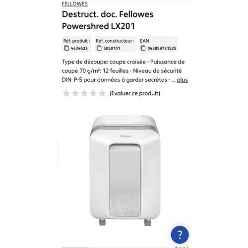 Destructeurs De Papier Followes Power Shred Lx 201 Blanc Coupe Croisée P-5