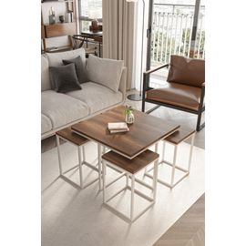 Table Basse Gigogne Bois Fonce Et Metal Blanc - Lot 4 Pieces Design Salon