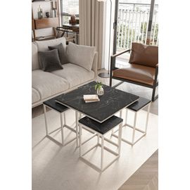 Table Basse Gigogne Effet Marbre Noir Et Metal Blanc - Lot 4 Pieces Design Salon