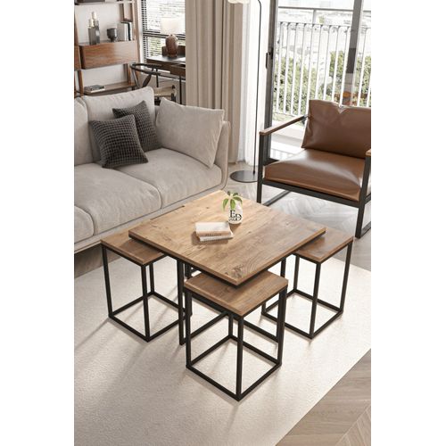 Table Basse Gigogne Bois Naturel Et Metal Noir - Lot 4 Pieces Design Salon
