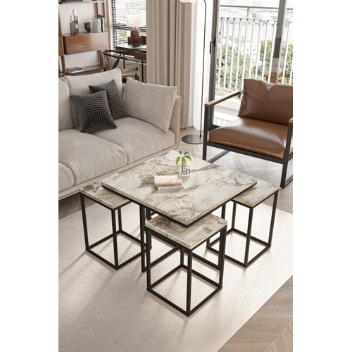 Table Basse Gigogne Effet Marbre Blanc Et Metal Noir - Lot 4 Pieces Design Salon