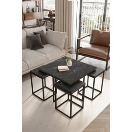 Table Basse Gigogne Effet Marbre Noir Et Metal Noir - Lot 4 Pieces Design Salon