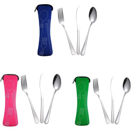 Voyage Ensemble Couverts Set,3 Pièces Couverts Portatifs En Acier Inoxydable, Couverts De Camping Avec Étui En Néoprène Pour[145]