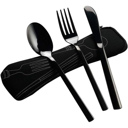 3 Pièce Set De Ensemble Couvert Voyage Camping Portable Avec Un Sac Noir, Service Pour 1 Personne[410]