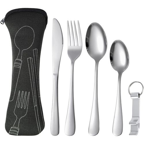Couvert Camping, Voyage Ensemble Couverts Set 5 Pièces Avec 2 Cuillères, Couteau, Fourchette Et Étui De Transport, Argenteri[474]