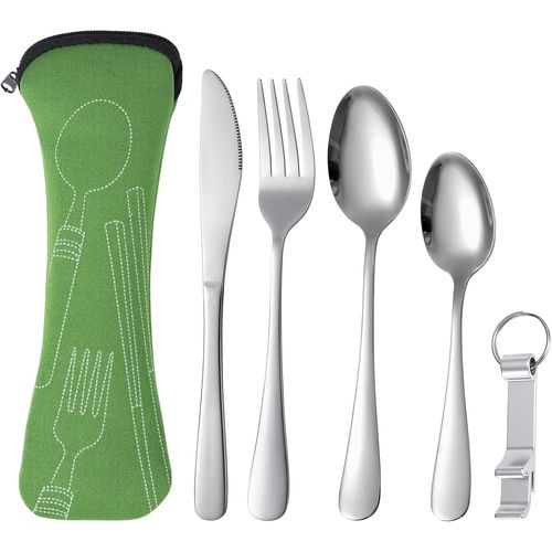 Couvert Camping, Voyage Ensemble Couverts Set 5 Pièces Avec 2 Cuillères, Couteau, Fourchette Et Étui De Transport, Argenteri[475]