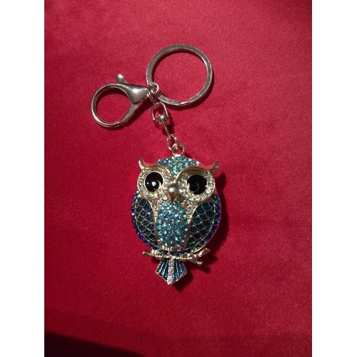 Porte-Clés Porte-Bonheur Chouette En Métal Doré Avec Strass Bleus Et Blancs