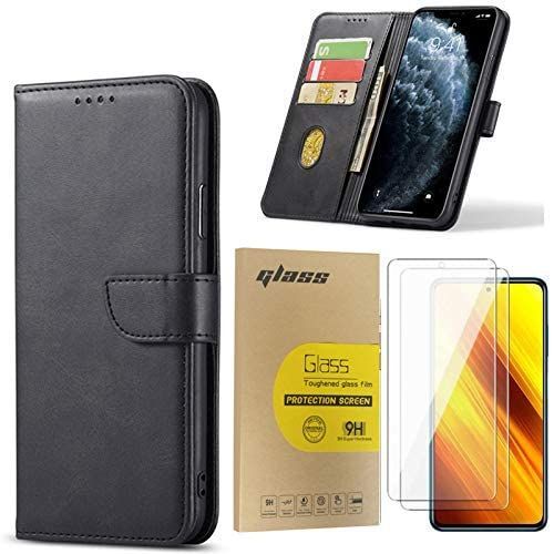 Coque Iphone 16 Pro Max Avec 2 Pièces Verre Trempé Protection D'Écran,Housse En Cuir Pu Pochette Portefeuille Magnétique Etui De Protection,Antichoc Housse Rabat Clapet,Noir