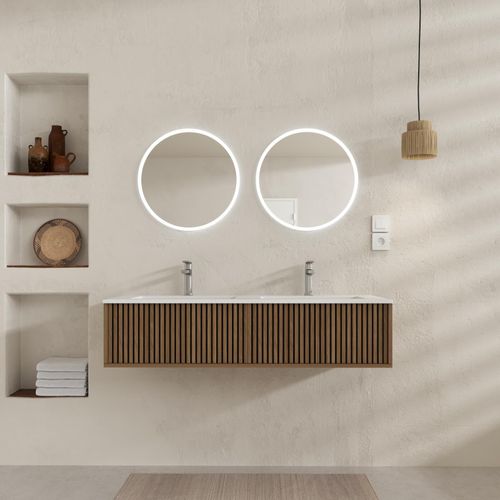 Meuble Salle De Bains Yuki 120 - 2 Tiroirs Décor Chêne Et Noir - Vasque Blanche - Miroirs Led Ø50