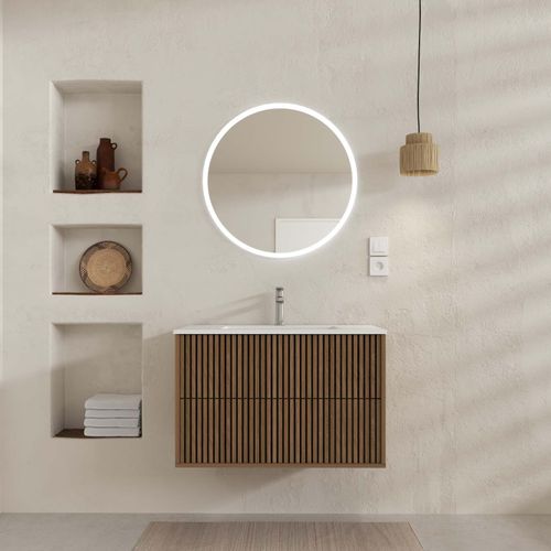 Meuble Salle De Bains Yuki 80 - 2 Tiroirs Décor Chêne Et Noir - Vasque Blanche - Miroir Led Ø70