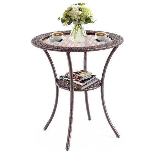 Costway Table De Jardin En Rotin, Plateau En Verre Trempé, Cadre En Fer Antirouille, Espace De Rangement, Table Ronde 64 X 71 Cm