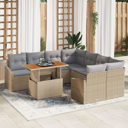 Vidaxl 9 Pièces De Salle À Manger De Jardin Avec Coussins Beige Poly Rattan Acacia