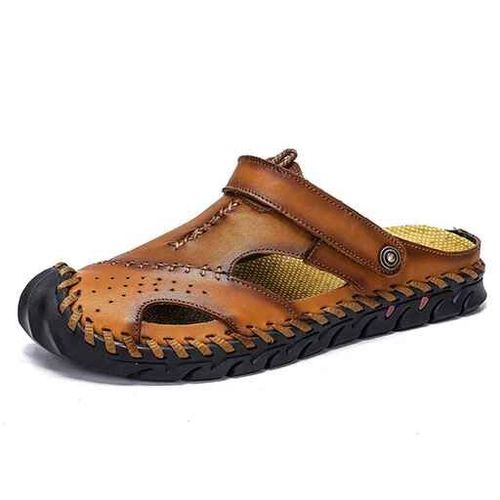 Mode Hommes Sandales En Cuir Véritable Été Plage Pantoufles Mâle Antidérapant Doux Confortable Chaussures De Plein Air De Haute Qualité Homme Sandales