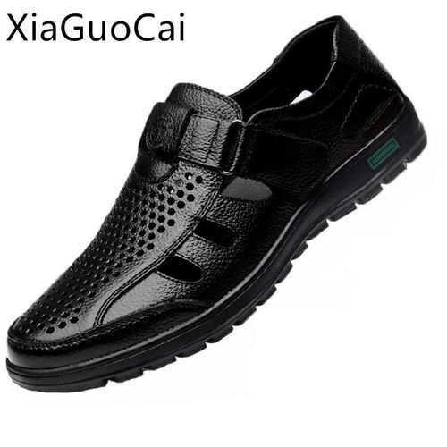 Sandales D'été En Cuir Véritable Pour Hommes,Respirantes,Ajourées,Classiques,Plates,En Caoutchouc Solide,Décontractées