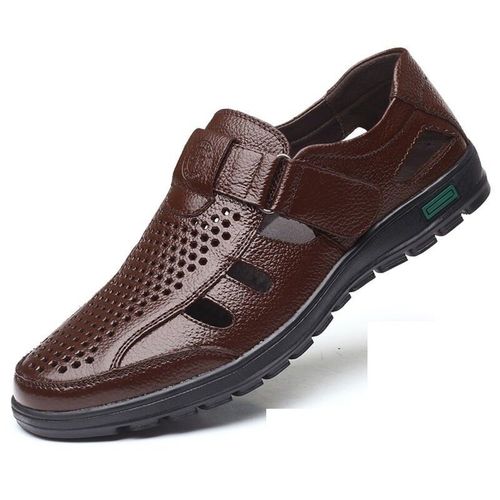 Sandales D'été En Cuir Véritable Pour Hommes,Respirantes,Ajourées,Classiques,Plates,En Caoutchouc Solide,Décontractées