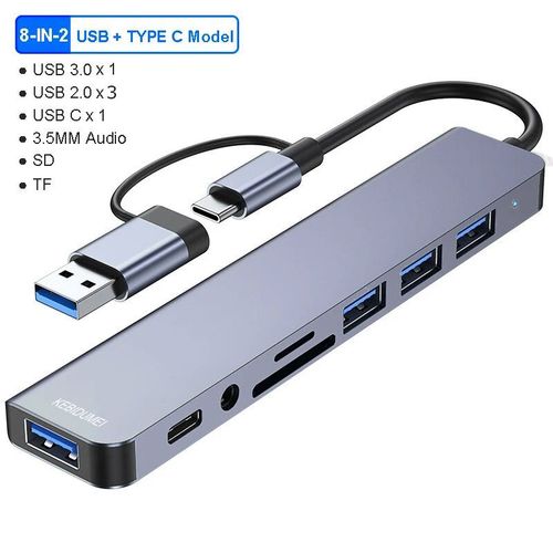 HUB USB 3.0 5Gbps,Station d'accueil USB C,séparateur haute vitesse,adaptateur Multiport OTG,lecteur de carte pour PC/ordinateurs portables/MacBook - Type 8-IN-2