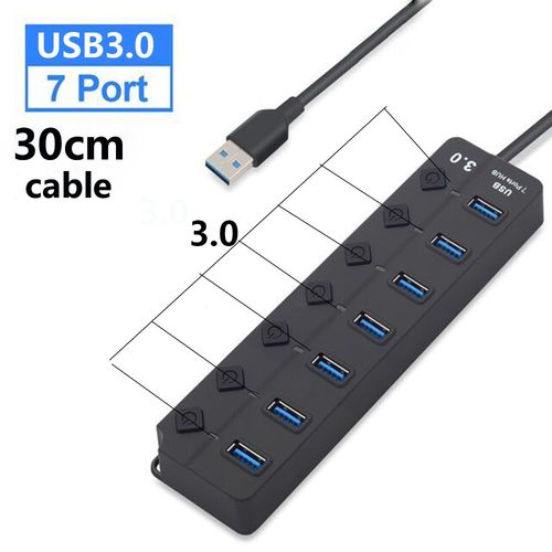 Répartiteur USB haute vitesse Multiprise USB 3.0,7 ports 100cm 30cm2.0,adaptateur d'alimentation Hub avec interrupteur,câble Long pour accessoires PC - Type 7-P all 3.0 30cm