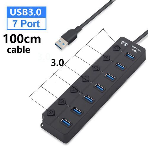 Répartiteur USB haute vitesse Multiprise USB 3.0,7 ports 100cm 30cm2.0,adaptateur d'alimentation Hub avec interrupteur,câble Long pour accessoires PC - Type 7-P All3.0 100cm