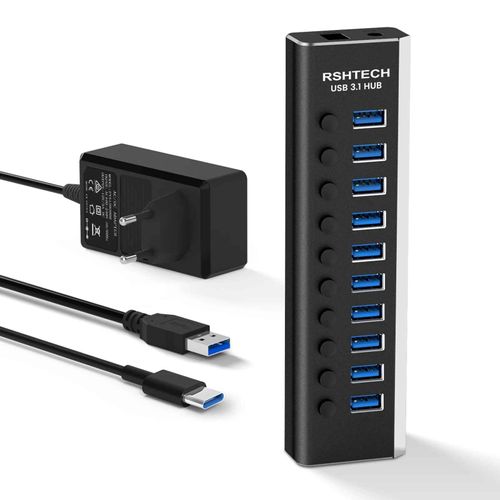 RSHTECH Hub USB 3.0 à 10 Ports Aluminium,Hub USB 3.1 Alimenté Transfert 10Gbps,Equipé d'un Adaptateur Secteur 12V/3A,Interrupteur Indépendant et Câble de données * 2 (Ty - Type with EU Plug Adapter