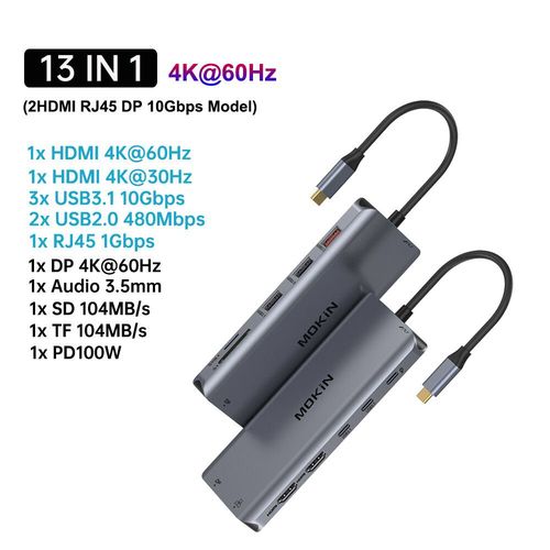 MOKiN USB C HUB 4K 60Hz Type C vers HDMI DP VGA Gigabit Ethernet USB 3.1 PD 100W adaptateur pour Macbook Air Pro M2 M1 accessoires PC - Type 13 in1(2HDMI DP