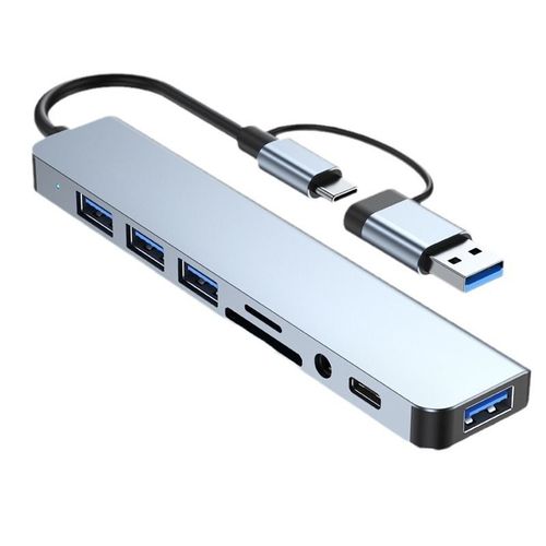 Station d'accueil HUB USB + Type C 8 en 2,avec adaptateur Jack Audio 3.5mm,lecteur de carte Micro SD,pour ordinateur portable,tablette,téléphone,convertisseur de disque - Type 8 IN 2