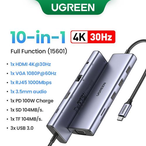 UGREEN USB C HUB 4K HDMI adaptateur type-c vers RJ45 USB 3.0 PD 100W VGA 3.5mm Dock pour MacBook Pro Air ordinateur portable USB-C 3.1 séparateur - Type 10-in1 Full Function