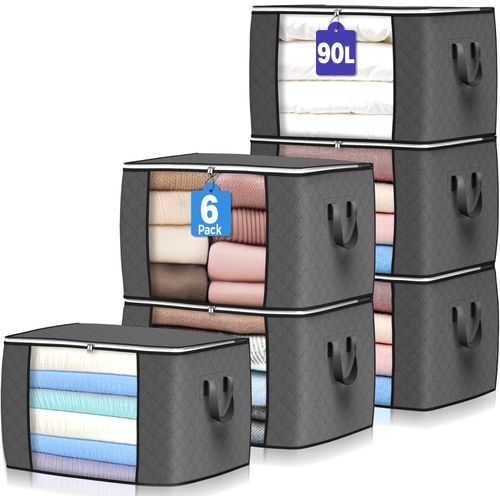 Grands sacs de rangement 90 L, lot de 6 boîtes de rangement pliables pour vêtements, couvertures, couettes, draps, oreillers et jouets (gris)