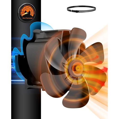 Hamiltion-Ventilateur Poele À Bois 6 Pales, Silencieux Ventilateur De Poele, Ventilateur Cheminée Pour Bois/Bûches/Foyer/Tuyau De Poêle Avec Thermomètre Et 1 Pièce De Rechange Anneau