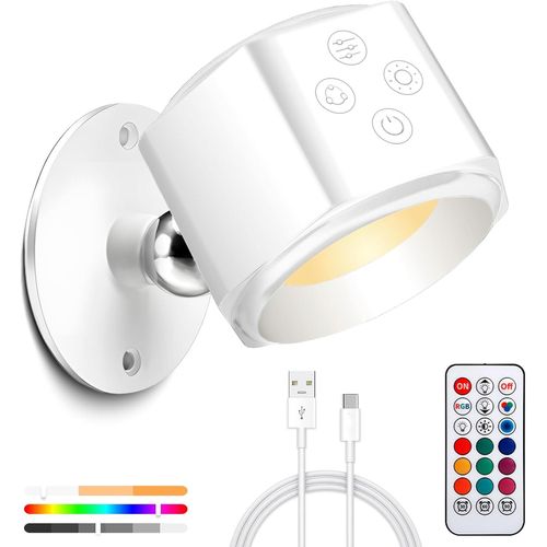 Hamiltion-Applique Murale, Rgb Applique Murale Intérieure, 360° Lampe Murale Sans Fil, 2 Modes De Lumière Jaune Et Blanche + 6 Couleurs Rvb, Usb Lampe Murale Sans Fil Rechargeable, Blanc