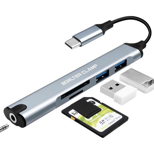 Hamiltion-Hub Usb C, Adaptateur Usb C 5-En-1 Avec 2 Ports Usb Et Lecteur De Carte, Adaptateur Jack Casque 3,5 Mm, Compatible Avec Macbook, Ordinateurs Portables, Téléphones Portables Et Tablettes
