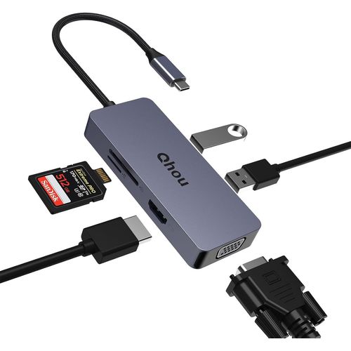 Hamiltion-Hub Usb C, Adaptateur Usb C 6 En 1 Usb C Vers Hdmi Vga Double Affichage Avec Hdmi 4K, Vga, Usb A, Usb 2.0, Lecteur Sd/Tf Pour Macbook/Lenovo Et Autres Appareils De Style C Hb101