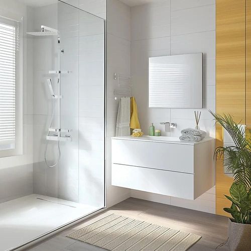 Colonne de douche thermostatique avec tablette, pomme de tête, douchette et flexible, chrome, Valentin Touareg
