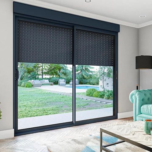 Baie coulissante alu Somfy gris avec volet roulant électrique intégré l.240 x H.200 cm