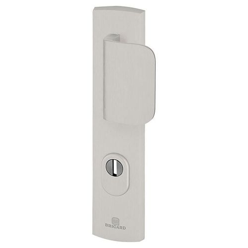Ensemble poignée de porte aileron blindée sur plaque standard eMUST Bricard entraxe 195mm brossé argent