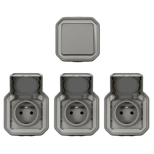 Lot de 3 prises 2 pôles+terre et 1 interrupteur Legrand Plexo gris