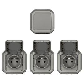 Lot de 3 prises 2 pôles+terre et 1 interrupteur Legrand Plexo gris